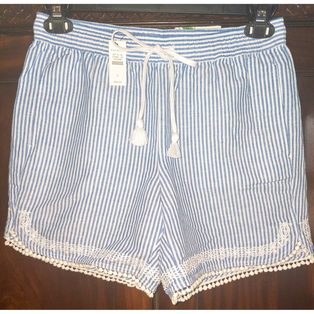 Talbots Womens Blue White Striped Pull On Shorts Embroidered Pom Pom Trim Small